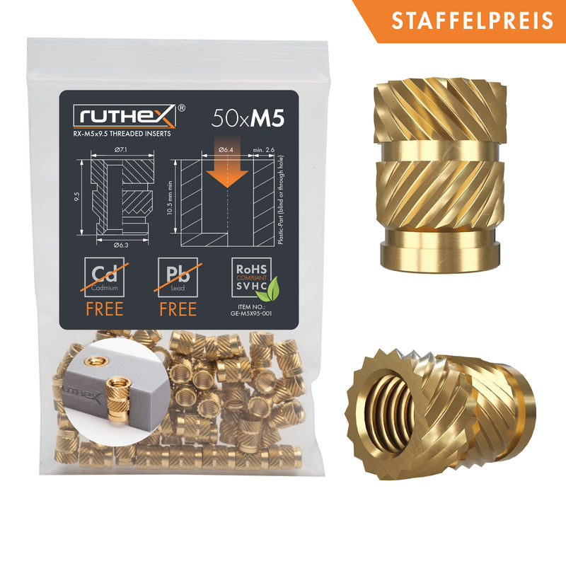 ruthex M5 thread insert - 50 pieces RX-M5x9.5 brass threaded bushings for 3D printed plastic parts