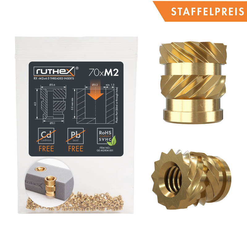 ruthex M2 thread insert - 70 pieces RX-M2x4 brass threaded bushings for 3D printed plastic parts