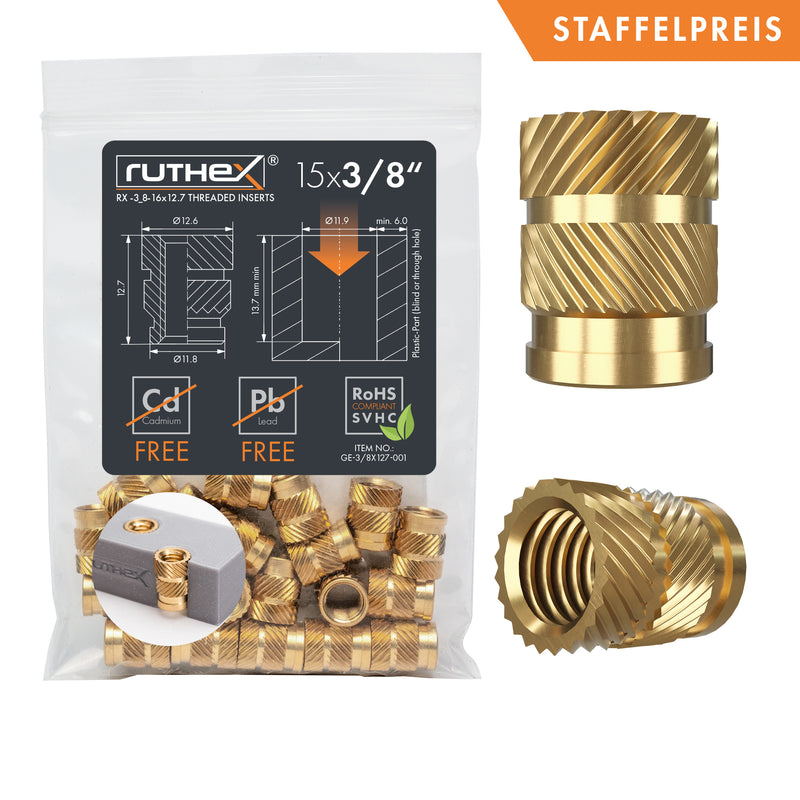 ruthex 3/8" thread insert inch (UNC) - 15 pieces RX-3/8-16-x12.7 brass threaded bushings for 3D printed plastic parts