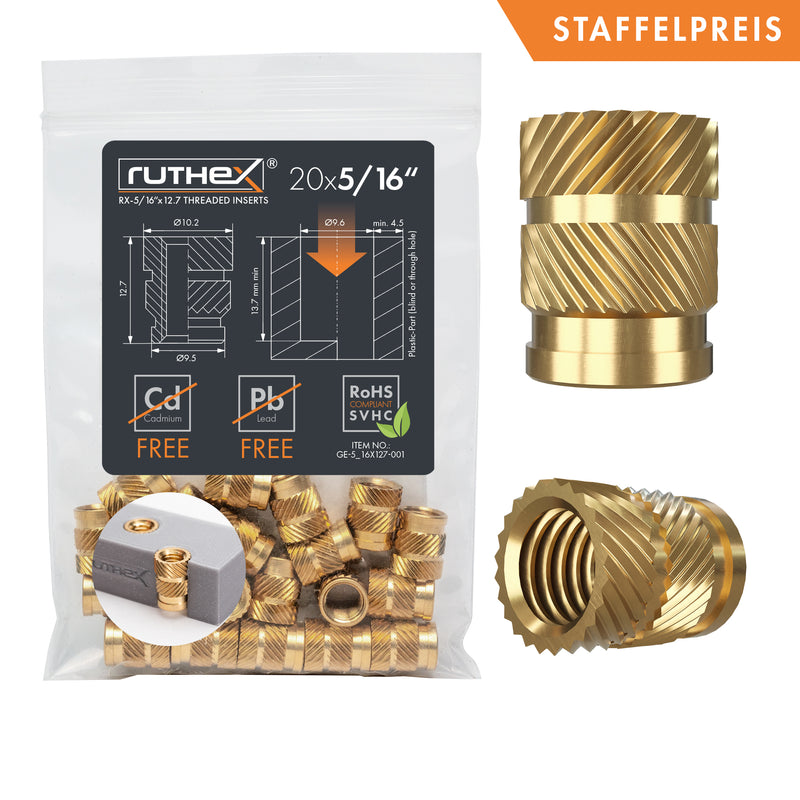 ruthex 5/16" thread insert inch (UNC) - 20 pieces RX-5/16“-18-x12.7 threaded bushings made of brass - stable press-in nut - can be used in 3D printed plastic parts using heat