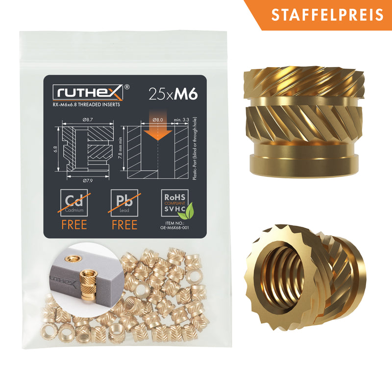 ruthex M6 threaded insert SHORT – 25 pieces RX-M6x6.8 threaded bushings made of brass – stable press-in nut for plastic parts – can be used in 3D printed plastic parts using heat