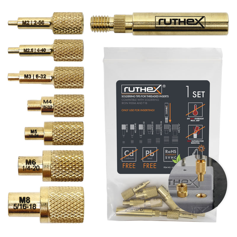 ruthex 7x soldering tips/melting aid set - soldering iron tips for ruthex threaded inserts M2/ M2.5/ M3/ M4/ M5/ M6/ M8 - #2-56/ #4-40/ #6-32/ #8-32/ #10-24/1/4" with adapter for soldering iron 900M/T18