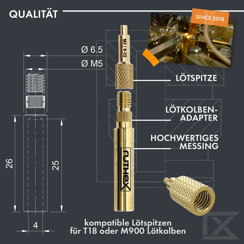 ruthex 7x Lötspitzen/Einschmelzhilfen Set - Lötkolbenspitzen für ruthex Gewindeeinsätze M2/ M2.5/ M3/ M4/ M5/ M6/ M8 - #2-56/ #4-40/ #6-32/ #8-32/ #10-24/1/4" mit Adapter für Lötkolben 900M/T18