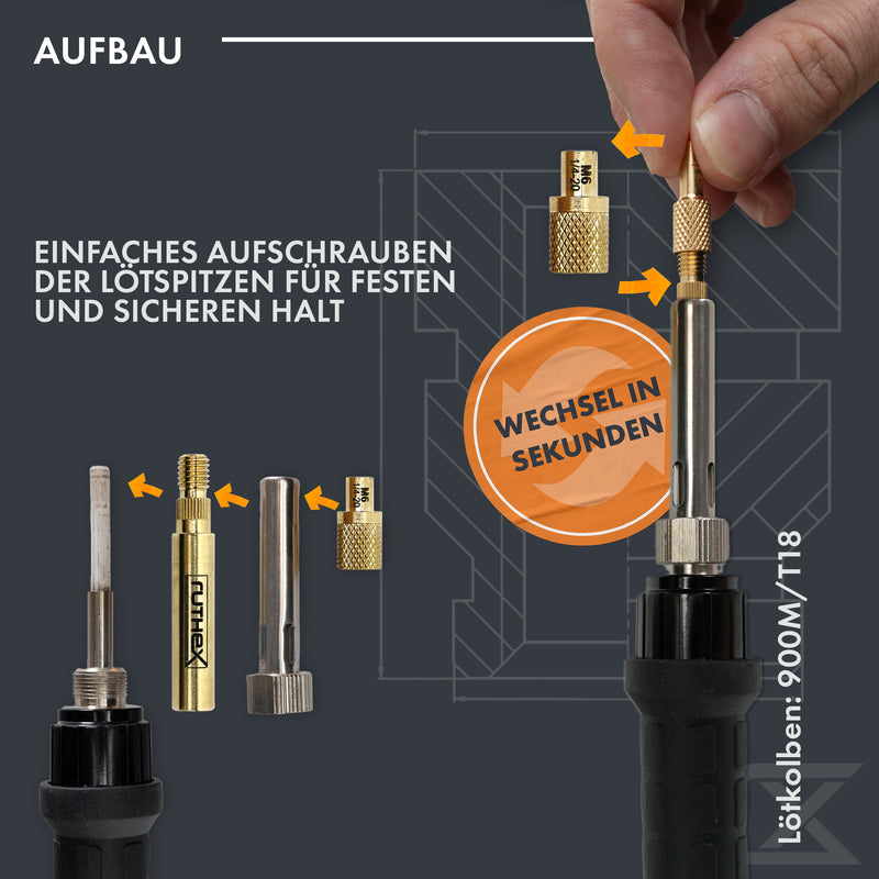 ruthex 7x Lötspitzen/Einschmelzhilfen Set - Lötkolbenspitzen für ruthex Gewindeeinsätze M2/ M2.5/ M3/ M4/ M5/ M6/ M8 - #2-56/ #4-40/ #6-32/ #8-32/ #10-24/1/4" mit Adapter für Lötkolben 900M/T18