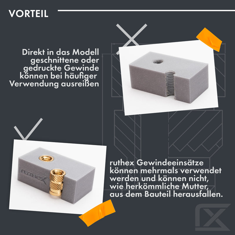 ruthex 1/4" SHORT Gewindeeinsatz Kameragewinde Zoll (UNC) – 20  Stück RX-1/4“-20x6.4 Gewindebuchsen aus Messing – stabile Einpressmutter – durch Wärme in 3D-Druck-Teile aus Kunststoff einsetzbar