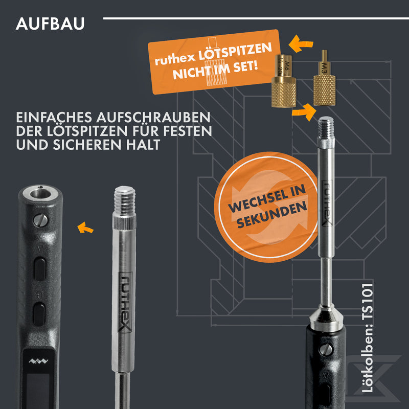 ruthex 1x Lötspitzen Adapter der Serie TS100 / TS101 / PINECIL kompatibel mit ruthex Einschmelzhilfen LOE-SET-011 zum Einsetzen von Gewindeeinsätzen im 3D-Druck