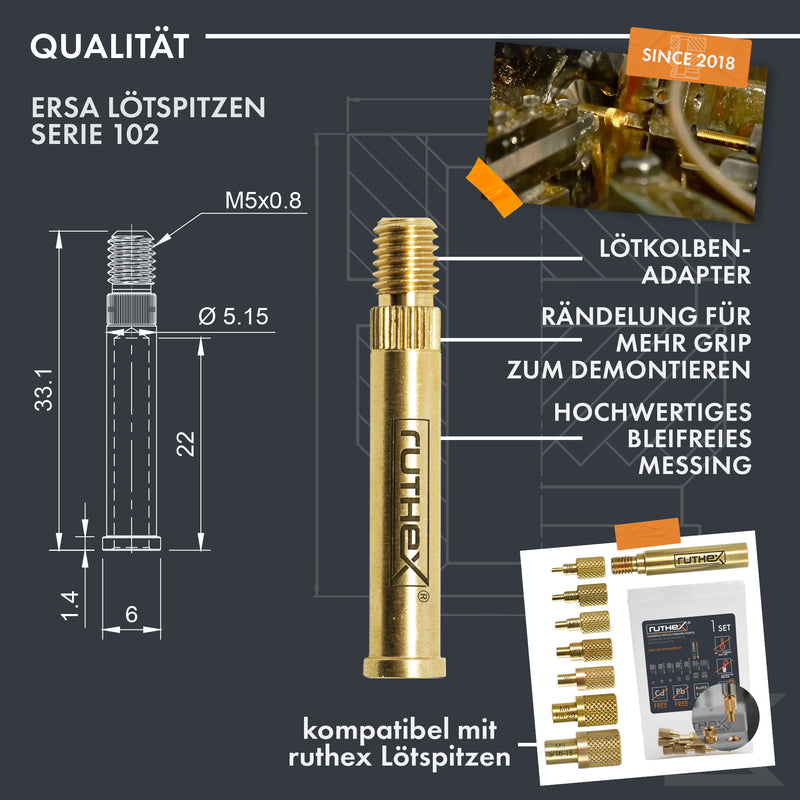 ruthex 2x Lötspitzen Adapter für ERSA Serie 832, 842 & 102 - Lötkolbenspitze kompatibel mit ERSA Lötkolben i-Tool Pico, PTC 70 für ruthex Lötspitzen zum Einsetzen von Gewindeeinsätzen im 3D-Druck