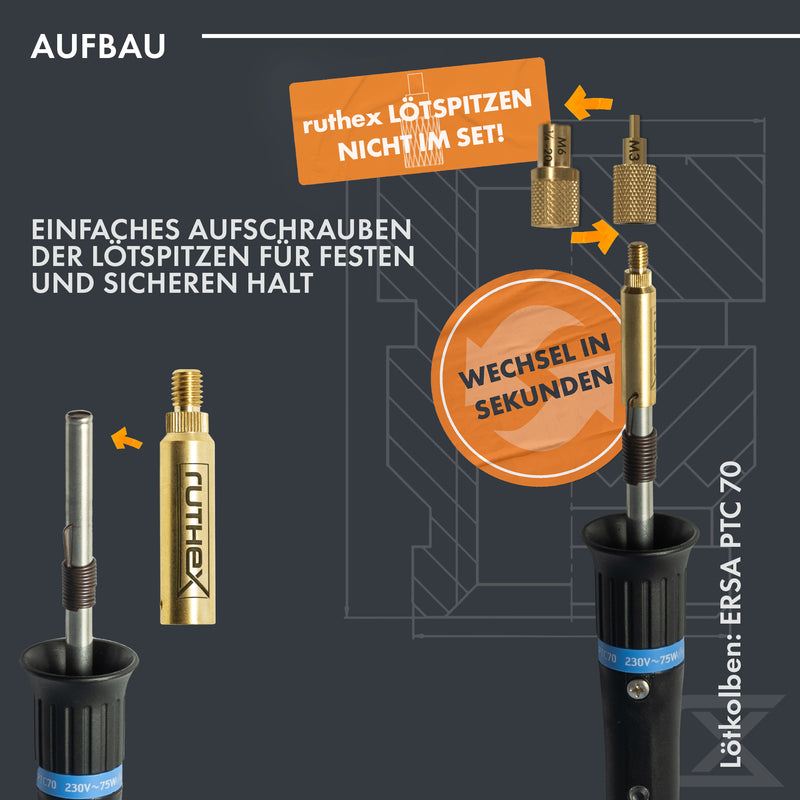 ruthex 2x soldering tip adapter for ERSA series 832, 842 &amp; 102 - soldering iron tip compatible with ERSA soldering iron i-Tool Pico, PTC 70 for ruthex soldering tips for inserting threaded inserts in 3D printing